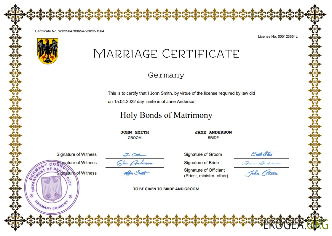 Modèle Word et PDF d'acte de mariage en Allemagne